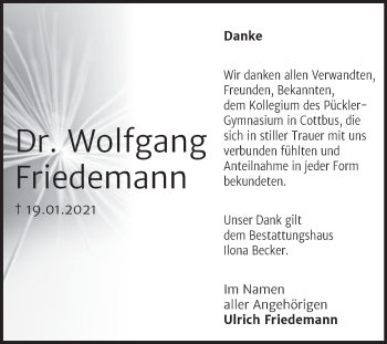 Traueranzeige von Wolfgang Friedemann von Mitteldeutsche Zeitung Sangerhausen