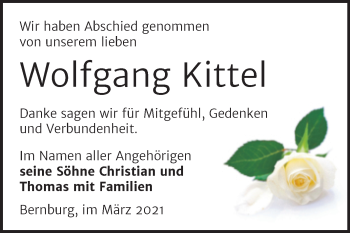 Traueranzeige von Wolfgang Kittel von Mitteldeutsche Zeitung Bernburg