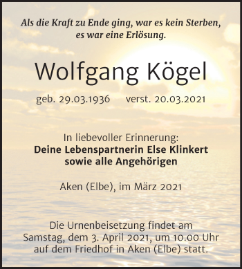 Traueranzeige von Wolfgang Kögel von Mitteldeutsche Zeitung Köthen