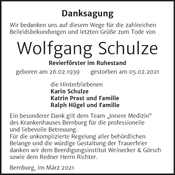 Traueranzeige von Wolfgang Schulze von Mitteldeutsche Zeitung Bernburg