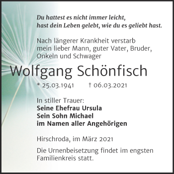Traueranzeige von Wolfgang Schönfisch von Mitteldeutsche Zeitung Naumburg/Nebra
