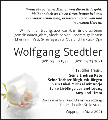 Traueranzeige von Wolfgang Stedtler von Mitteldeutsche Zeitung Mansfelder Land