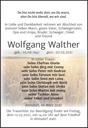 Traueranzeige von Wolfgang Walther von Mitteldeutsche Zeitung Merseburg/Querfurt