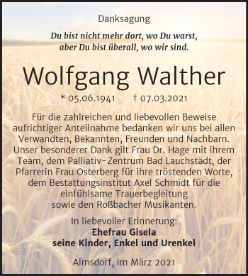 Traueranzeige von Wolfgang Walther von Super Sonntag Merseburg/Querfurt