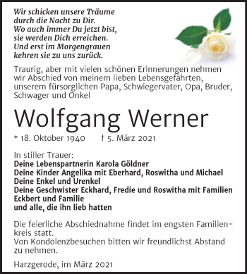 Traueranzeige von Wolfgang Werner von Mitteldeutsche Zeitung Quedlingburg