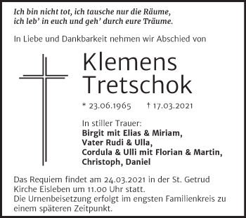 Traueranzeige von Klemens Tretschok von Mitteldeutsche Zeitung Mansfelder Land