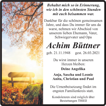 Traueranzeige von Achim Büttner von Mitteldeutsche Zeitung Quedlingburg