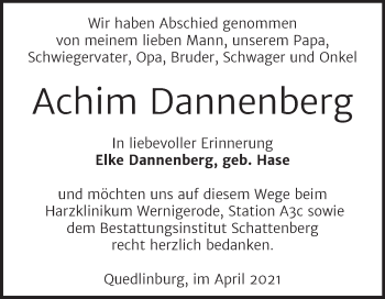 Traueranzeige von Achim Dannenberg von Mitteldeutsche Zeitung Quedlingburg