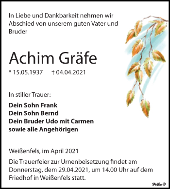 Traueranzeige von Achim Gräfe von Mitteldeutsche Zeitung Weißenfels