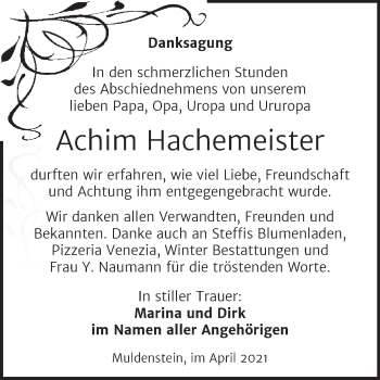 Traueranzeige von Achim Hachemeister von Trauerkombi Bitterfeld