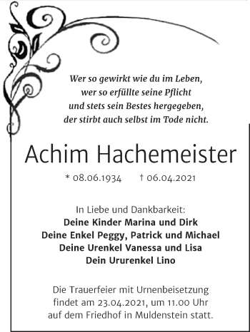 Traueranzeige von Achim Hachemeister von Mitteldeutsche Zeitung Bitterfeld