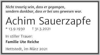 Traueranzeige von Achim Sauerzapfe von Mitteldeutsche Zeitung Mansfelder Land