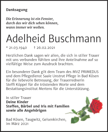 Traueranzeige von Adelheid Buschmann von Super Sonntag Naumburg/Nebra