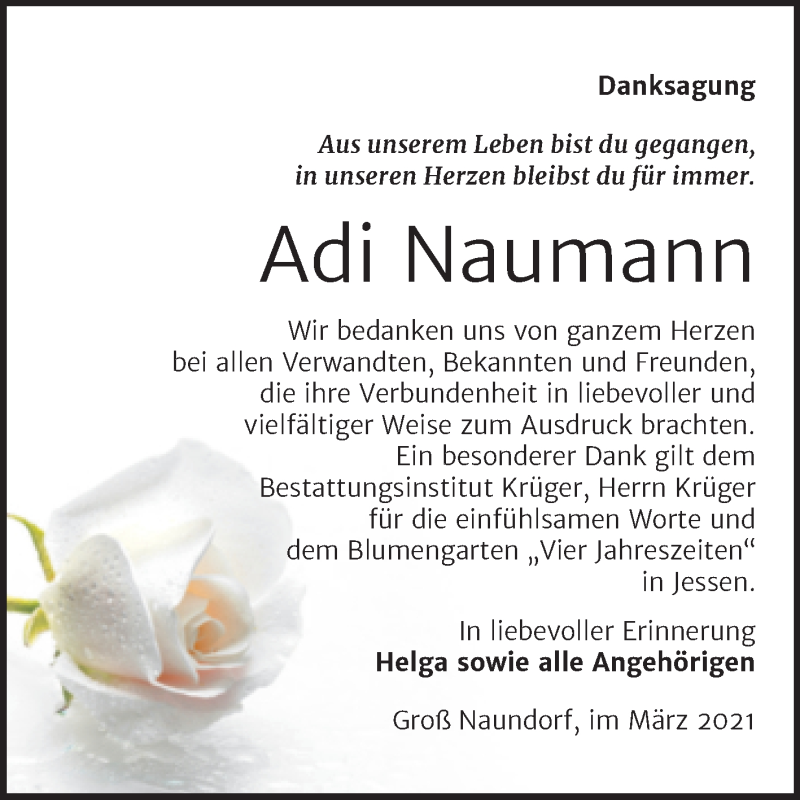  Traueranzeige für Adi Naumann vom 03.04.2021 aus Mitteldeutsche Zeitung Wittenberg