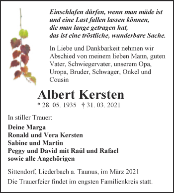 Traueranzeige von Albert Kersten von Mitteldeutsche Zeitung Sangerhausen