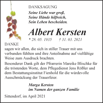 Traueranzeige von Albert Kersten von Mitteldeutsche Zeitung Sangerhausen