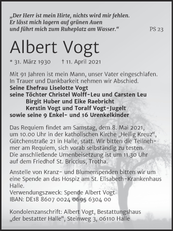 Traueranzeige von Albert Vogt von Mitteldeutsche Zeitung Halle/Saalkreis