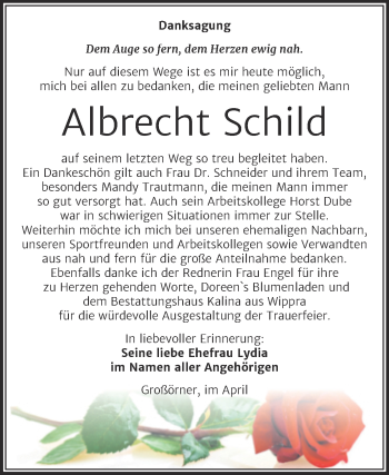 Traueranzeige von Albrecht Schild von Mitteldeutsche Zeitung Mansfelder Land