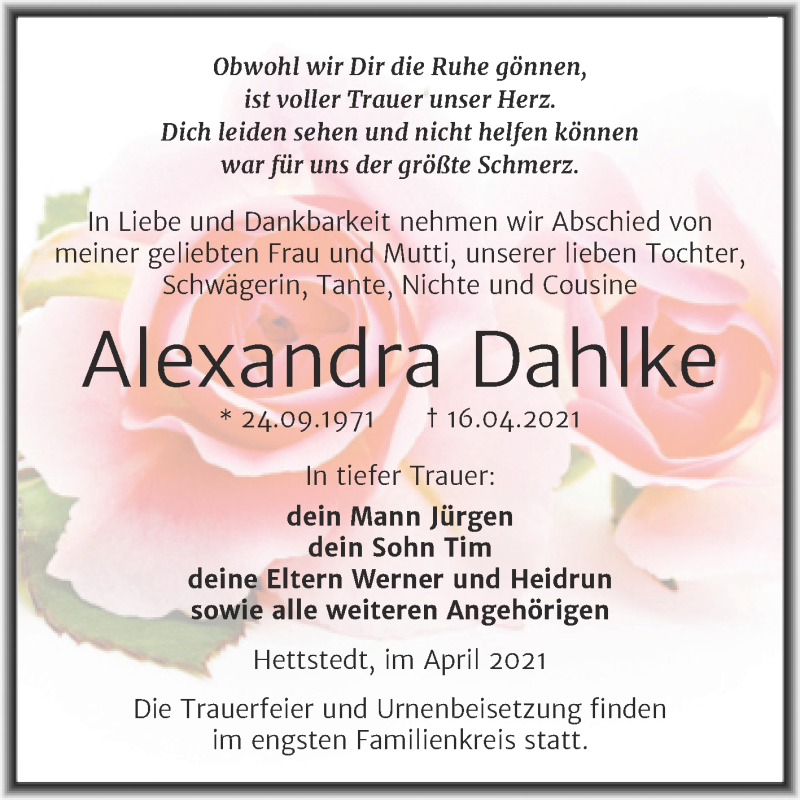  Traueranzeige für Alexandra Dahlke vom 30.04.2021 aus Trauerkombi Mansfelder Land