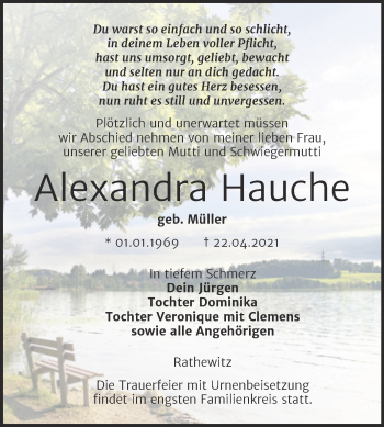 Traueranzeige von Alexandra Hauche von Naumburger Tageblatt