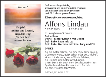 Traueranzeige von Alfons Lindau von Mitteldeutsche Zeitung Köthen