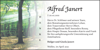 Traueranzeige von Alfred Janert von Mitteldeutsche Zeitung Bitterfeld