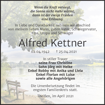 Traueranzeige von Alfred Kettner von Trauerkombi Zeitz
