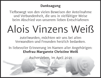 Traueranzeige von Alois Vinzens Weiß von Mitteldeutsche Zeitung Aschersleben