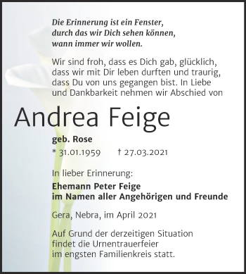 Traueranzeige von Andrea Feige von Wochenspiegel Naumburg/Nebra