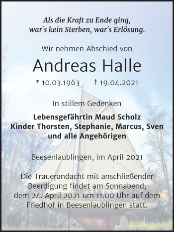 Traueranzeige von Andreas Halle von Mitteldeutsche Zeitung Bernburg