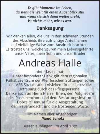 Traueranzeige von Andreas Halle von Trauerkombi Bernburg