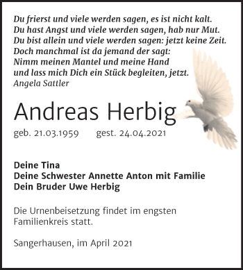 Traueranzeige von Andreas Herbig von Trauerkombi Sangerhausen