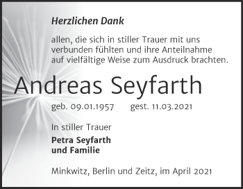 Traueranzeige von Andreas Seyfarth von Mitteldeutsche Zeitung Zeitz