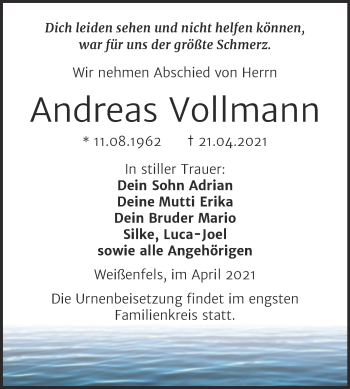 Traueranzeige von Andreas Vollmann von Trauerkombi Weißenfels