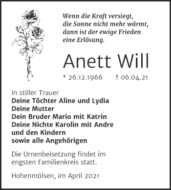 Traueranzeige von Anett Will von Mitteldeutsche Zeitung Weißenfels