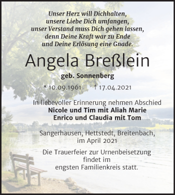 Traueranzeige von Angela Breßlein von Mitteldeutsche Zeitung Sangerhausen