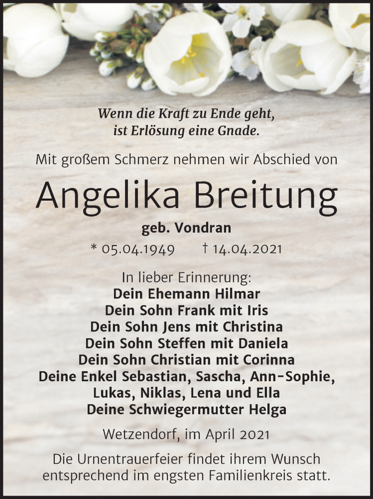  Traueranzeige für Angelika Breitung vom 24.04.2021 aus Super Sonntag Naumburg/Nebra