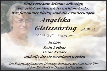 Traueranzeige von Angelika Gleissenring von Mitteldeutsche Zeitung Dessau-Roßlau