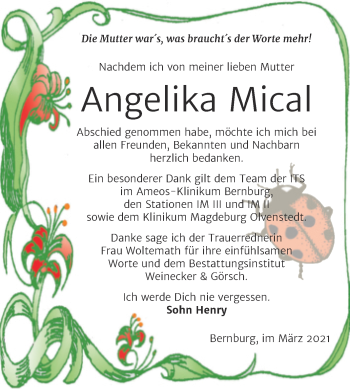 Traueranzeige von Angelika Mical von Mitteldeutsche Zeitung Bernburg