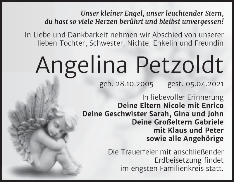  Traueranzeige für Angelina Petzoldt vom 10.04.2021 aus Mitteldeutsche Zeitung Wittenberg