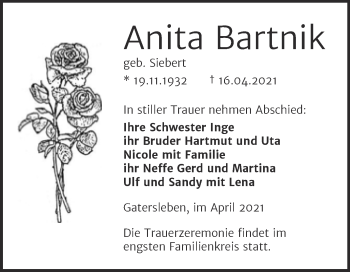 Traueranzeige von Anita Bartnik von Trauerkombi Aschersleben