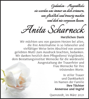 Traueranzeige von Anita Scharneck von Mitteldeutsche Zeitung Mansfelder Land