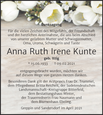 Traueranzeige von Anna Ruth Irene Kunte von Mitteldeutsche Zeitung Bitterfeld