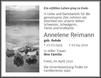 Traueranzeige von Annelene Reimann von Mitteldeutsche Zeitung Mansfelder Land