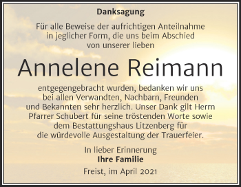 Traueranzeige von Annelene Reimann von Trauerkombi Mansfelder Land
