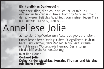 Traueranzeige von Anneliese Jolie von Mitteldeutsche Zeitung Halle/Saalkreis