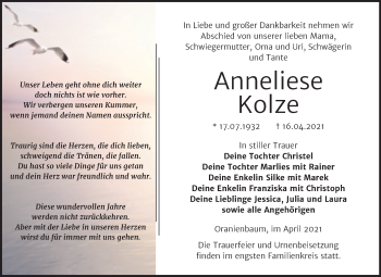 Traueranzeige von Anneliese Kolze von Trauerkombi Dessau
