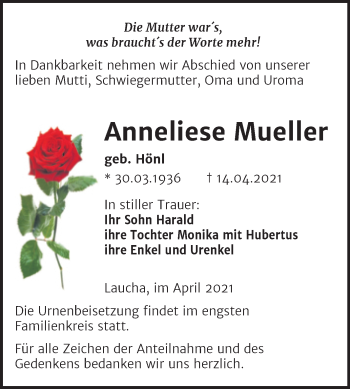 Traueranzeige von Anneliese Mueller von Wochenspiegel Naumburg/Nebra
