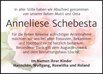 Traueranzeige von Anneliese Schebesta von Trauerkombi Wittenberg