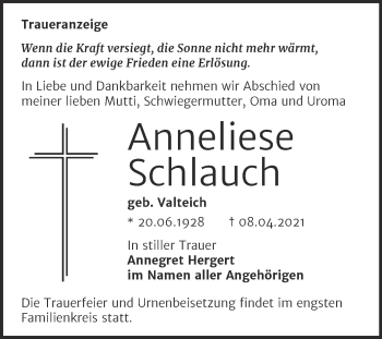 Traueranzeige von Anneliese Schlauch von Mitteldeutsche Zeitung Dessau-Roßlau